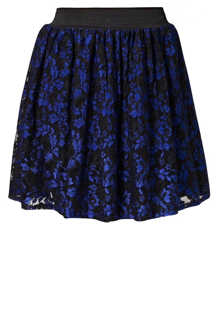 Gonna in pizzo nero e blu con design svasato, caratterizzata da una fascia larga in vita e motivi floreali su tutto il tessuto.