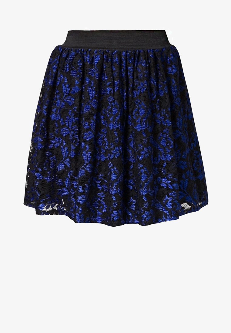 Gonna in pizzo nero e blu con design svasato, caratterizzata da una fascia larga in vita e motivi floreali su tutto il tessuto.