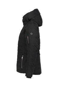 Veste matelassée noire avec capuche, poches zippées sur la manche et à l'avant, et un patch logo circulaire sur le haut du bras.
