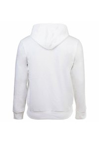 Weißer Kapuzenpullover mit weicher Textur. Verfügt über lange Ärmel, eine Kordelzugkapuze und einen abgerundeten Saum am unteren Ende. Keine sichtbaren Muster.
