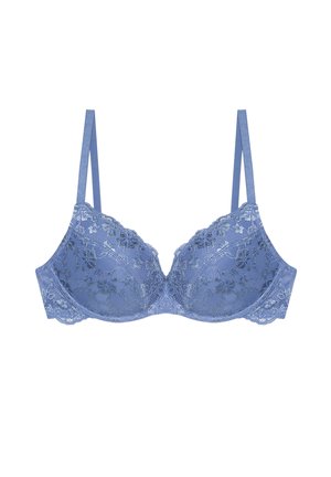 Blauer Spitzenbügel-BH mit Blumenmuster und verstellbaren Trägern, vor einem weißen Hintergrund präsentiert.
