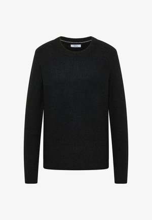 Schwarzer langärmeliger Strickpullover mit Rundhalsausschnitt und subtiler strukturiertem Muster, Markenetikett innen am Kragen mit der Aufschrift "CECIL".