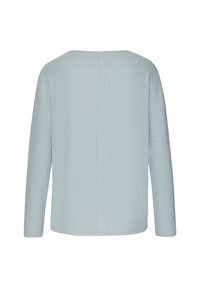 Hellblauer, gerippter Langarmpullover mit geradem Rückennäht, flach von hinten auf einem weißen Hintergrund präsentiert.