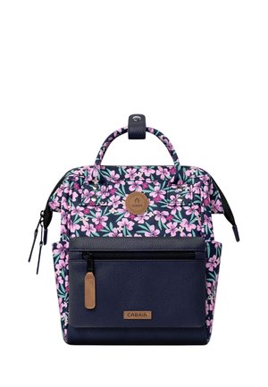 Compact backpack with pink and purple floral pattern, navy front pocket with zipper, and two top handles, against white background.