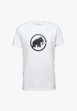 T-shirt à manches courtes blanche en coton avec un grand logo d'éléphant noir dans un design circulaire. Texture douce, coupe classique.