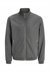 Gray bomber jacket with stand collar, front zip closure, two side pockets with zippers, and elastic cuffs and hem. Smooth fabric texture.