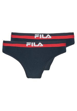 Two pairs of Fila briefs in dark navy with a red and white logo waistband. Cotton blend, smooth texture, low-rise design.