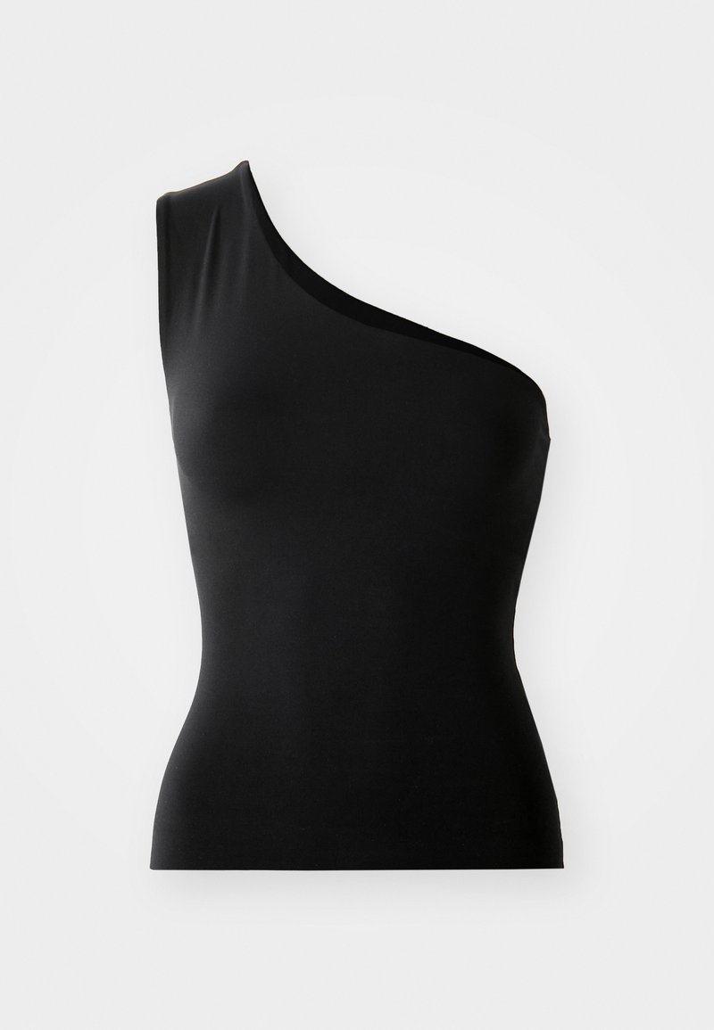 Asymmetrisches schwarzes Oberteil aus glattem Stoff. Mit einem Schulterträger und einer figurbetonten Silhouette. Keine zusätzlichen Muster oder Akzente.