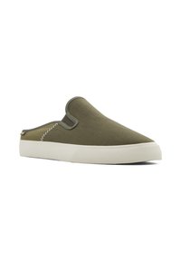 Green slip-on shoes with a textured fabric upper, white rubber sole, and contrasting stitching along the edge. Smooth finish.