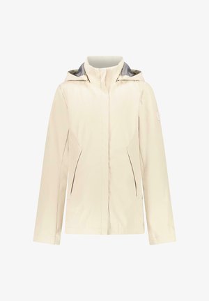 Lichtgewicht crèmekleurig jack met ritssluiting aan de voorkant, capuchon, twee zijzakken en subtiele grijze accenten bij de kraag en binnenkant.
