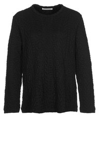Jersey negro de manga larga con cuello redondo y un intrincado patrón texturizado en relieve, fabricado por Rodebjer.