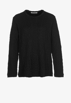 Jersey negro de manga larga con cuello redondo y un intrincado patrón texturizado en relieve, fabricado por Rodebjer.