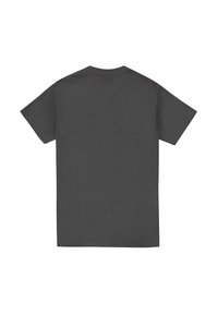 Gray cotton t-shirt with short sleeves and a crew neckline. Smooth texture, no patterns or designs, viewed from the back.