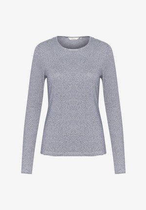 Granatowo-białe paskowane, długie rękawy koszulka z okrągłym dekoltem, wykonana z miękkiej bawełny, charakteryzująca się dopasowanym krojem i gładką fakturą.