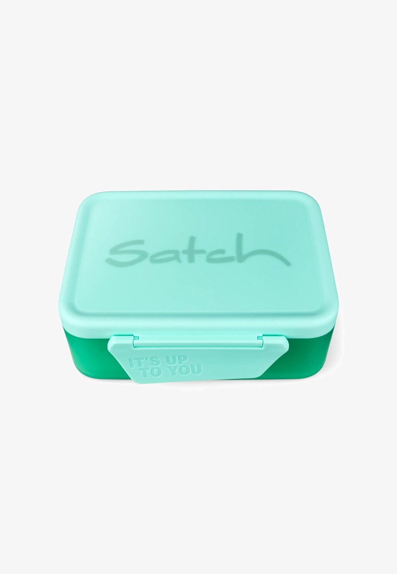 Aqua- und Türkis-farbenes rechteckiges Lunchbox mit einem Verschluss, auf dem Deckel mit geprägtem "Satch" und "IT'S UP TO YOU"-Text. Hergestellt aus strapazierfähigem Kunststoff.