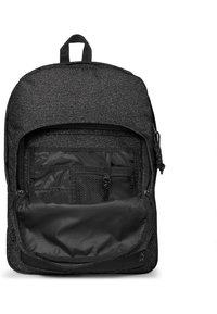 Zaino nero con una texture scintillante, dotato di un ampio scomparto principale, tasca frontale con cerniera e numerosi taschini organizzativi interni.