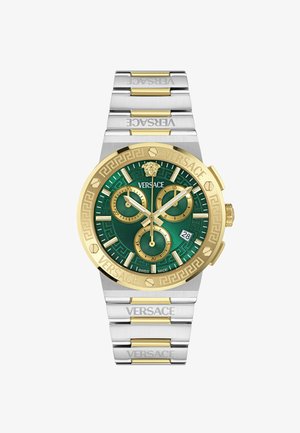 Orologio Versace in oro e argento; quadrante verde con motivo; tre sottodial; display della data; bracciale con incisato "VERSACE."