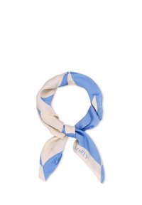 Foulard en soie présentant des motifs géométriques en bleu et crème, noué en boucle avec des extrémités pointues. Texture lisse avec une finition brillante.