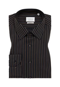 Dunkelblaues Dress-Shirt mit feinen braunen Streifen, gefaltet mit button-down Kragen und Manschetten mit einem Knopf, mit einem Etikett von ETERNA.