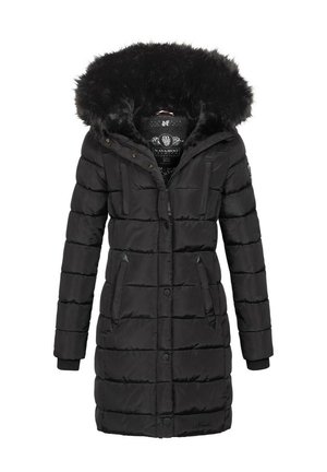 Zwarte gewatteerde jas met een faux fur-gevoerde capuchon, voorzien van een rits- en knoopsluiting, twee voorzakken en geribbelde manchetten. Horizontaal gestikt patroon.