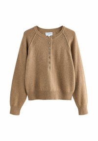Brauner Wollpullover mit Rundhalsausschnitt, Knopfleiste und Raglanärmeln. Mit gerippten Bündchen und Saum. Weiche Textur, lässige Passform.