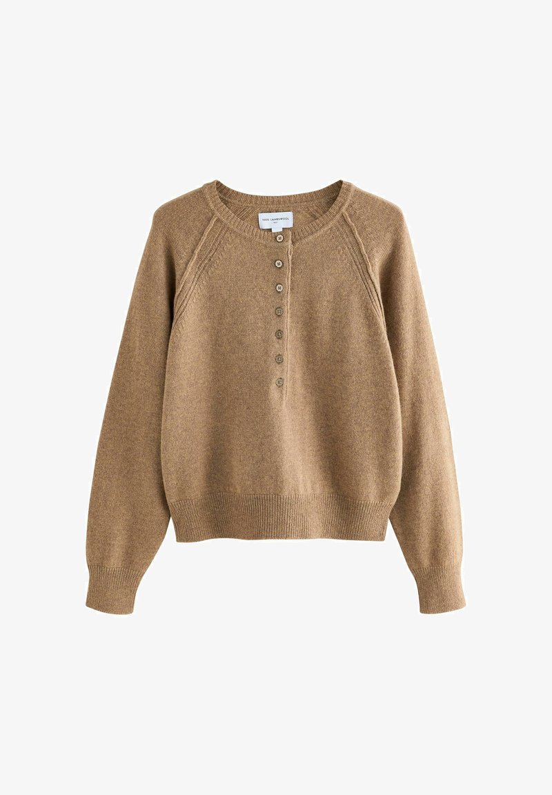 Maglione marrone in lana con scollatura rotonda, apertura con bottoni e maniche raglan. Presenta polsini e orlo a coste. Texture morbida, vestibilità casual.