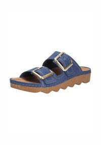 Blauwe sandaaltjes met twee verstelbare gespen, bovenkant van gestructureerd faux-leer, gedetailleerde stiknaden en een bruine gegolfde rubberen zool.