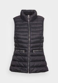 Schwarzige gesteppten ärmellosen Weste mit hohem Kragen, Frontreißverschluss und zwei Reißverschlusstaschen auf einem schlichten Hintergrund.