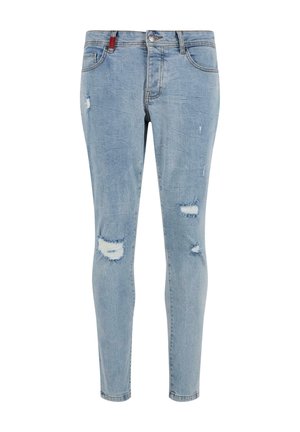 Hellblaue Denim-Jeans im Skinny Fit mit mehreren distressierten Bereichen und ausgefransten Säumen. Enthält einen standardmäßigen Frontknopfverschluss.