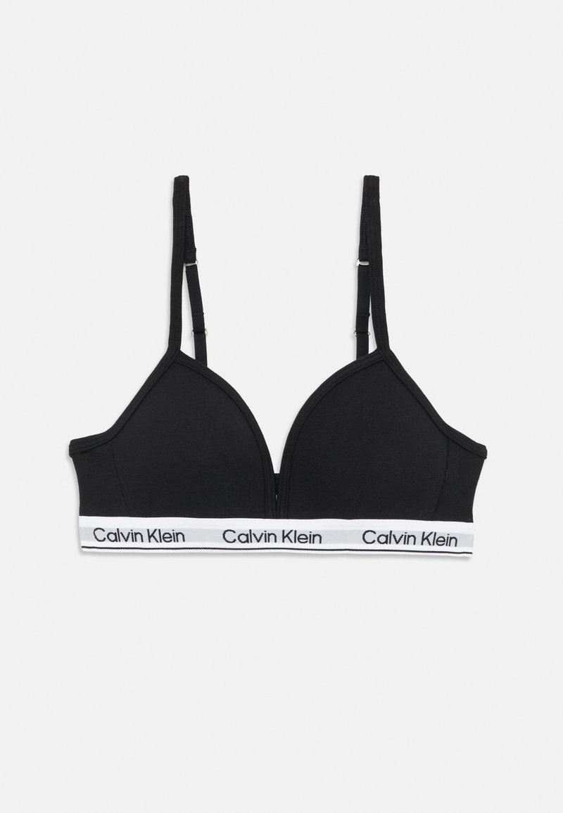 Crni pamučni bralet s trokutastim oblikom, tankim podesivim trakama i bijelim remenom s "Calvin Klein" logotipom.