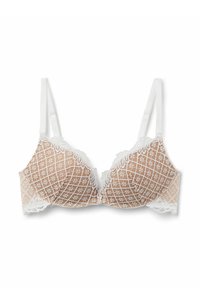 Bra with beige mesh fabric, white floral lace trim, and structured cups. Features a grid pattern and adjustable white straps.