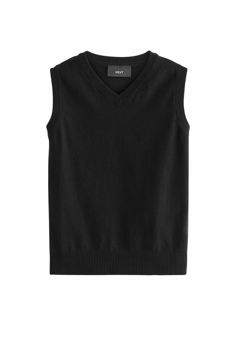 Maglione senza maniche nero con scollatura a V, realizzato in tessuto morbido. Presenta bordi a coste sul colletto e sull'orlo per un tocco di texture in più.