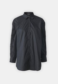 Black button-up shirt made of smooth fabric, featuring long lace-trimmed sleeves and a classic collar. Textured accents along sleeves.