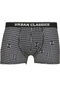 Svarta boxerkalsonger med ett geometriskt mönster i vitt, elastisk midja med "URBAN CLASSICS"-etikett, tillverkade av mjukt, stretchigt material.