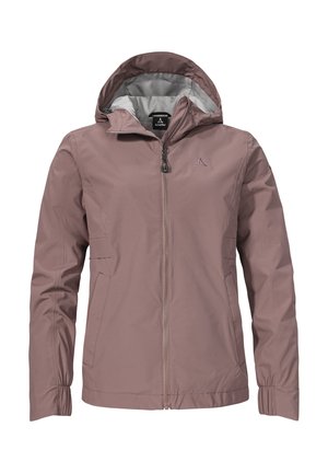 Heller rosa wasserdichte Jacke mit Kapuze, Reißverschluss auf der Vorderseite und elastischen Bündchen. Verfügt über zwei Seitentaschen und ein dezentes Logo auf der Brust.