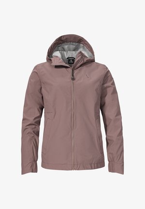 Heller rosa wasserdichte Jacke mit Kapuze, Reißverschluss auf der Vorderseite und elastischen Bündchen. Verfügt über zwei Seitentaschen und ein dezentes Logo auf der Brust.
