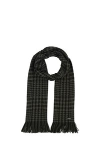 Sciarpa a quadri neri e verde scuro con bordi sfrangiati; realizzata in tessuto morbido; forma rettangolare, motivo a trama su tutta la superficie.