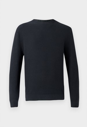 Dunkelblauer, gestrickter Pullover mit Rundhalsausschnitt, langen Ärmeln und gerippter Struktur. Glatte Verarbeitung am Saum und an den Bündchen, keine sichtbaren Muster oder Verzierungen.