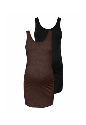 Deux robes moulantes sans manches, une marron et une noire, présentées sur fond blanc.