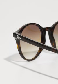 Ochelari de soare rotunzi cu rame din plastic cu model țestoasă și lentile maronii cu gradient. Prezintă br brandingul Ray-Ban pe bradă.