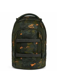 Dunkelgrüner Rucksack mit floralem Muster in orange und gelben Farbtönen. Verfügt über verstellbare Träger, einen oberen Griff und Seitentaschen. Glatte Stoffoberfläche.