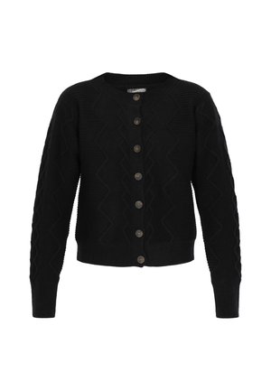 Zwarte gebreide cardigan met zigzagpatroon, ronde halslijn en zes bruine knopen aan de voorkant. Lange mouwen met ribgebreide manchetten.