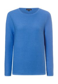 Langärmliges blaues Oberteil mit geripptem Textur, rundem Halsausschnitt und geradem Schnitt. Hat ein einfarbiges Design ohne zusätzliche Muster.