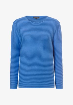 Langärmliges blaues Oberteil mit geripptem Textur, rundem Halsausschnitt und geradem Schnitt. Hat ein einfarbiges Design ohne zusätzliche Muster.