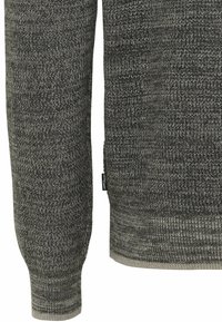 Harmaa neulepaita, jossa on teksturoitu kuvio, resorit hihansuissa ja helmassa sekä pieni etiketti sivulla.