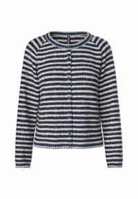 Gebreide cardigan met een marineblauw en wit gestreept patroon. Het heeft een ronde halslijn en een knoopsluiting aan de voorkant. Zachte, gestructureerde stof.