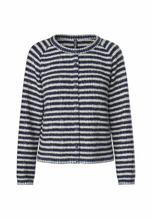 Cardigan lavorato a maglia con un motivo a righe blu navy e bianche. Ha un collo rotondo e una chiusura con bottoni sul davanti. Tessuto morbido e testurizzato.