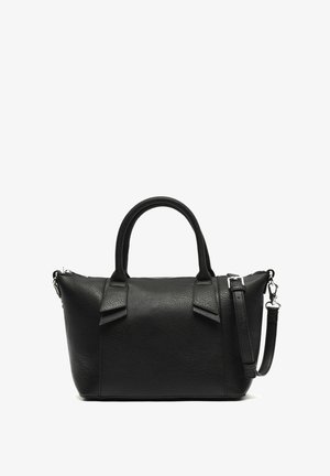 Bolso de mano de cuero negro con un acabado texturizado, doble asa superior y correa de hombro desmontable. Presenta un diseño elegante y acentos cosidos.