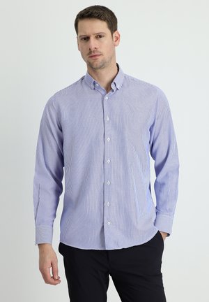 Blauw-wit gestreepte blouse met lange mouwen en een kraag, met een gladde textuur en een standaard pasvorm.