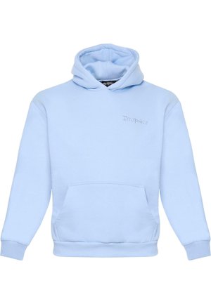 Light blue hoodie made of soft fabric, featuring a front pocket, elastic cuffs, and an embroidered logo on the chest.